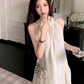 White lace off-shoulder beach maxi dress holiday suspender dress French retro dress R1697