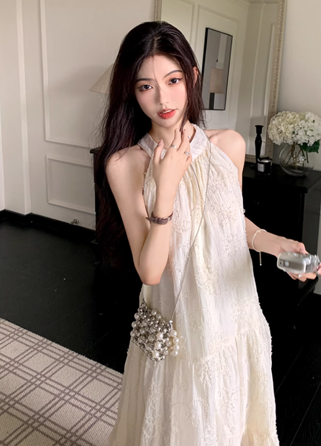 White lace off-shoulder beach maxi dress holiday suspender dress French retro dress R1697