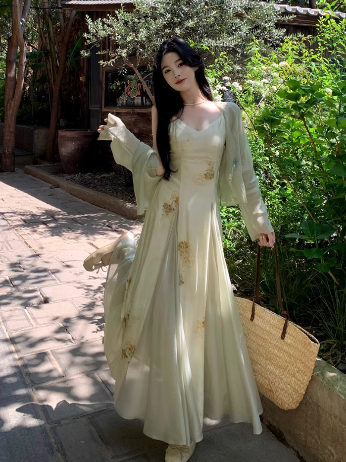 Printed suspender dress Chinese style women's clothing small size big swing v-neck long dress R1708