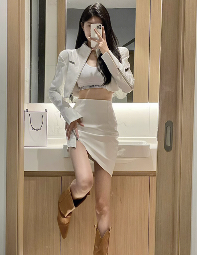 Sweet and spicy high-grade leather jacket 2025 plus size hot girl sexy hip skirt suit R1162