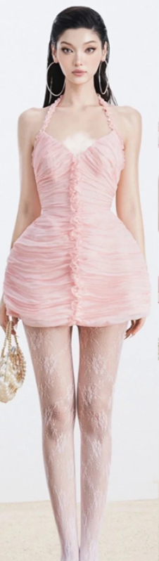 Pink halter neck slim waist slim fit pleated cute short skirt homecoming dress R4647