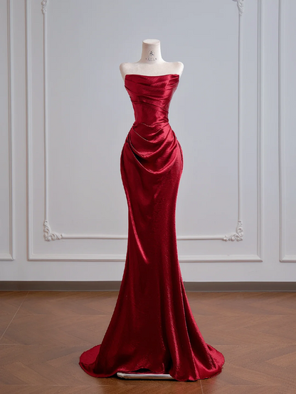 Deep red strapless, fitted waist, bodycon long sexy ball gown R8159