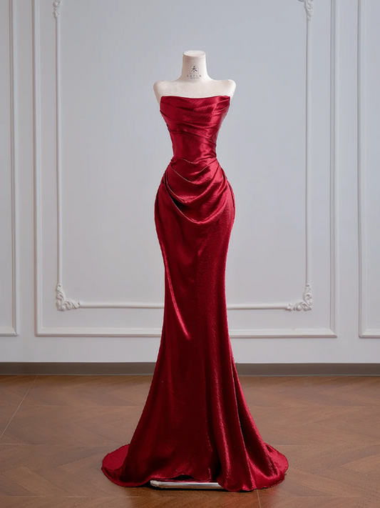 Deep red strapless, fitted waist, bodycon long sexy ball gown R8159