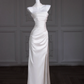White strapless slim waist satin wedding dress R5829