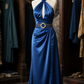 Dark blue halterneck slim waist satin elegant ball gown R6085