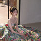 Retro floral tube top dress with waist and puffy skirt, prom dress R5356