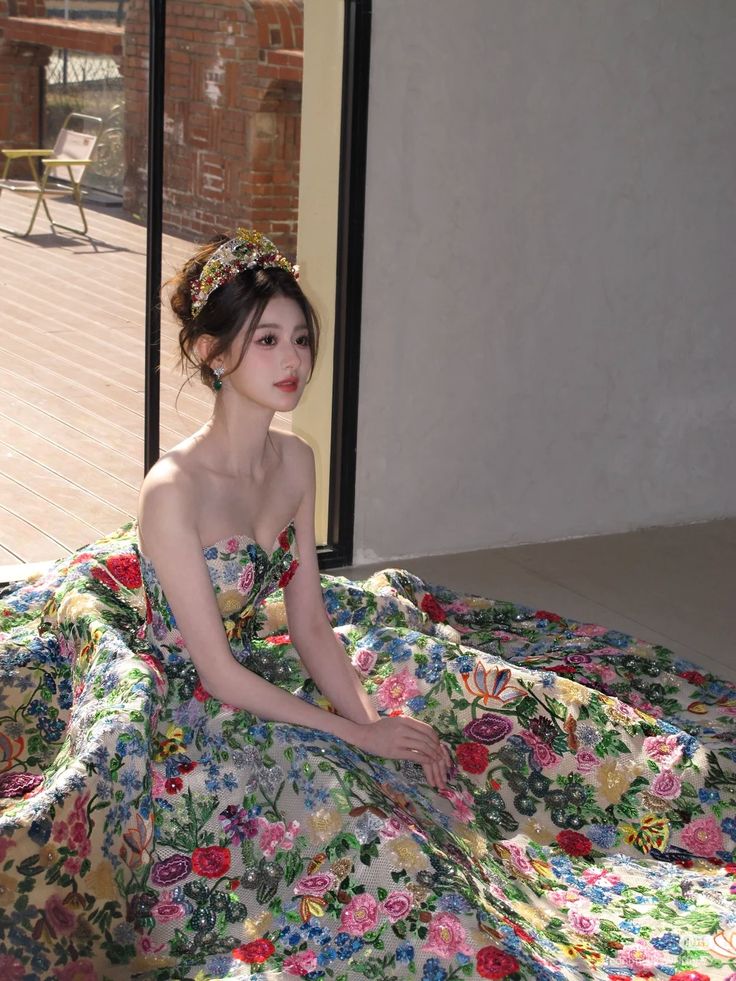 Retro floral tube top dress with waist and puffy skirt, prom dress R5356