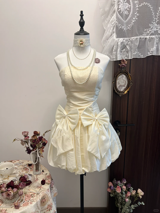 White satin tube top waist bow bud skirt short skirt homecoming dress R4324