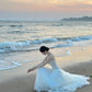 White strapless corset waist slim-fit tulle skirt ball gown prom dress R8011