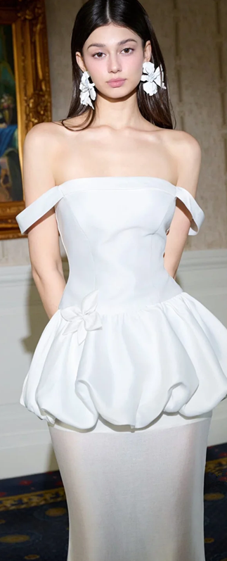 White suspender waist flower bud skirt hip-wrapped mid-length skirt homecoming dress R4486