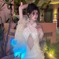White halter-neck pearl-embroidered, waist-revealing, sexy bodycon long ball gown R7065