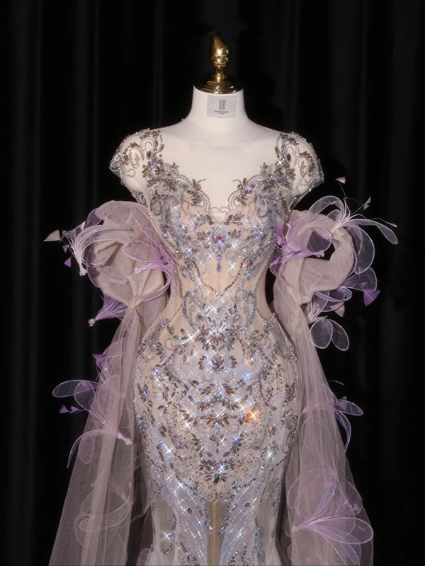 Light purple V-neck fitted waist bodycon long ball gown/bridal dress R8932