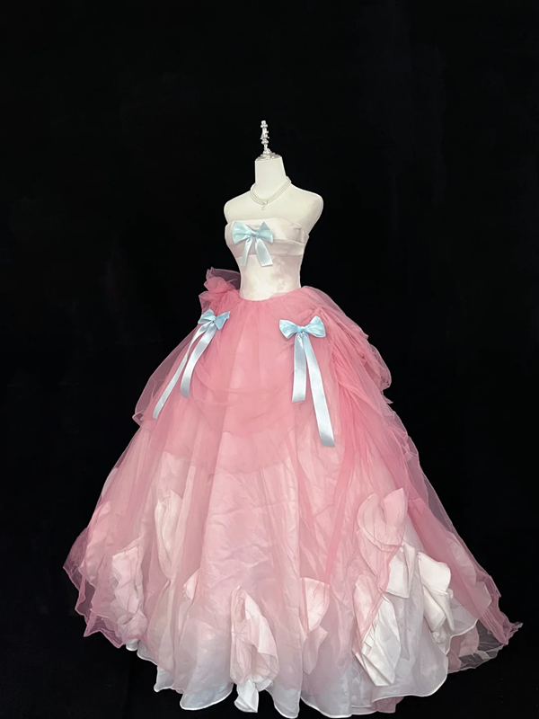 Light pink strapless, fitted waist, full skirt, long ball gown, bridal dress R9052