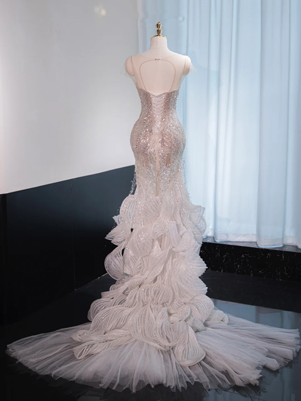 Silver round neck, fitted waist, bodycon long ball gown, bridal dress R8992
