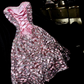 Silver sequined strapless short ball gown with a cinched waist and fitted design R6985