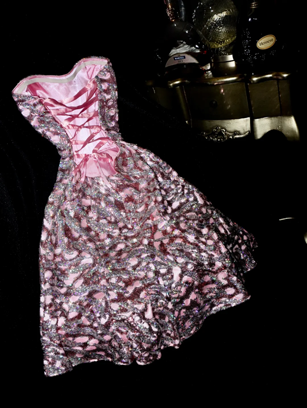 Silver sequined strapless short ball gown with a cinched waist and fitted design R6985