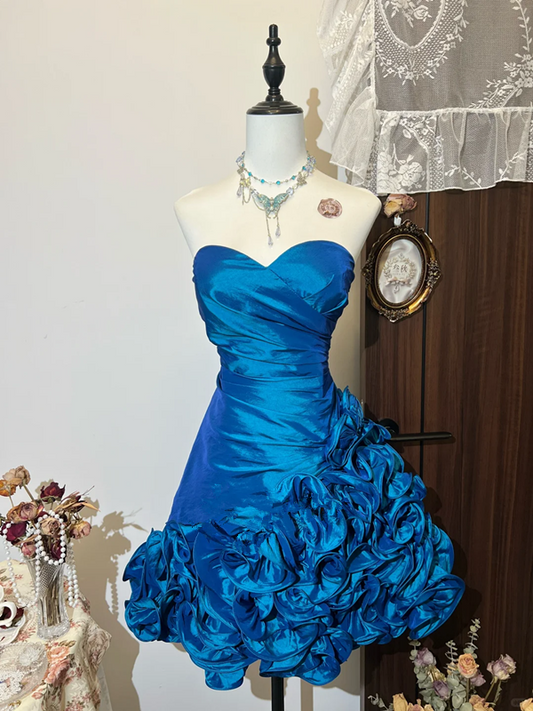 Blue tube top waist flower skirt temperament princess skirt homecoming dress R4242