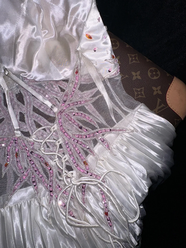 White halter-neck rhinestone-embellished fitted long ball gown R6905