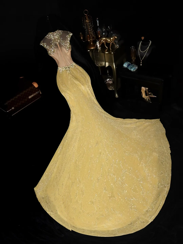 Yellow sleeveless rhinestone neckline, fitted waist, elegant classic long ball gown R6864