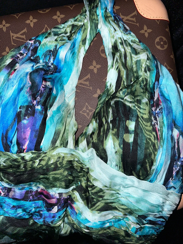 Blue-green tie-dye halter neck fitted waist long ball gown R6945