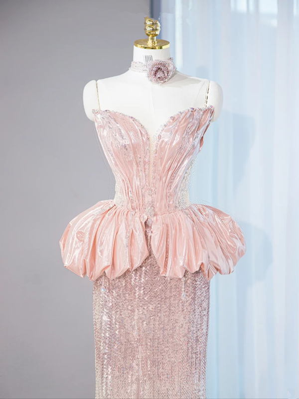 Light pink strapless fitted waist bodycon long ball gown, bridal dress R9022