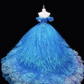 Blue off-the-shoulder fitted waist long ball gown with a full skirt R8689