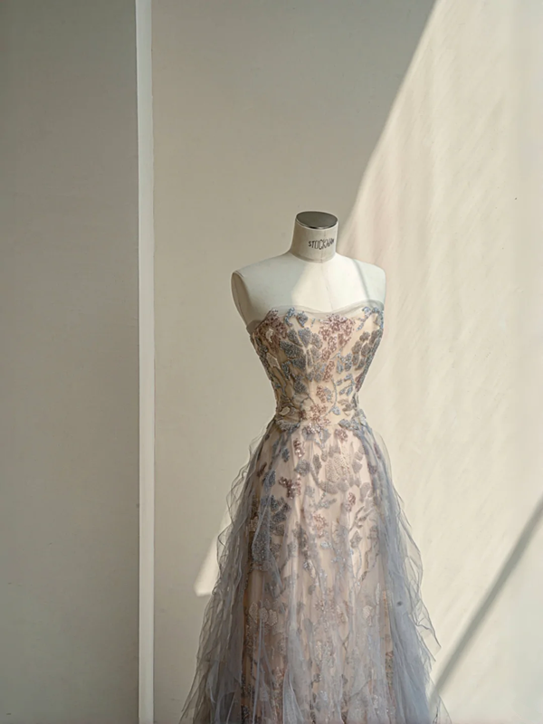 Pink Strapless Beaded Slim A-Line Maxi Dress, prom dress R5635