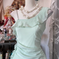 Light blue one-shoulder sexy ruffled maxi dress, ball gown R6345