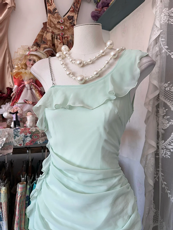 Light blue one-shoulder sexy ruffled maxi dress, ball gown R6345