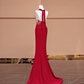 Red halter-neck, fitted waist, slimming, hip-hugging sexy long ball gown R8411