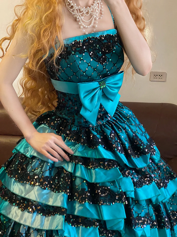 Blue Spaghetti Strap Waist-Cinched Puff Tiered Skirt Ball Gown R7387