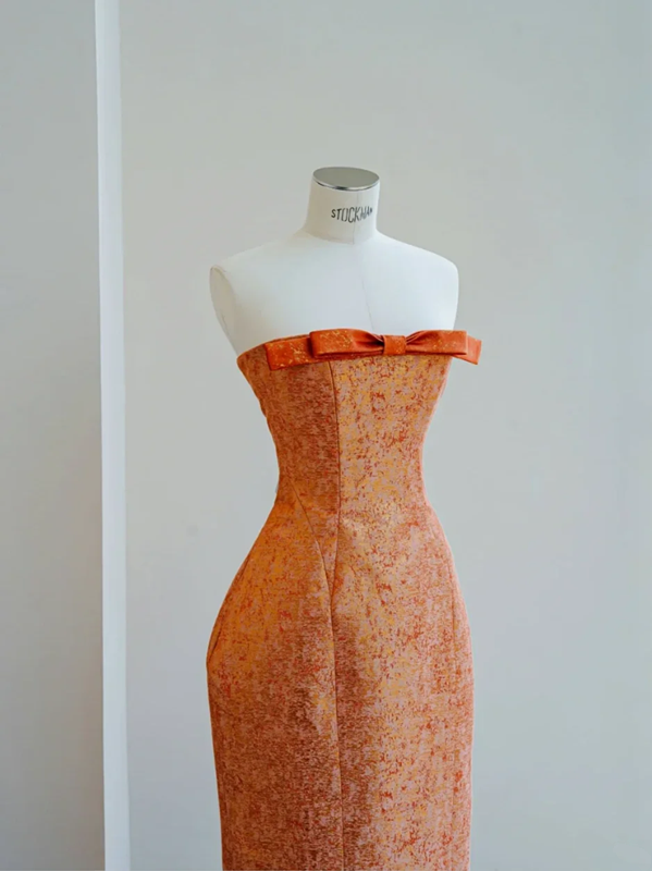 Orange tube-top slim waist elegant long skirt, prom dress R5671