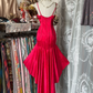 Red suspender satin waist slim irregular skirt long dress ball gown R6187