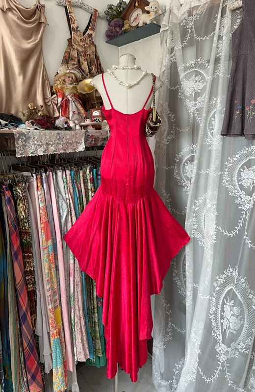 Red suspender satin waist slim irregular skirt long dress ball gown R6187