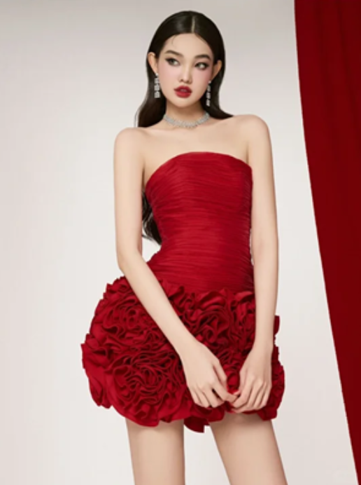 Red tube top waist slim hip 3D flower skirt short skirt homecoming dress R4404