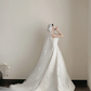 White floral spaghetti strap, waist-cinched, slim-fit, full-skirted long prom dress R7971