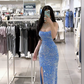 Blue strapless fitted waist slim-fit sexy slit long ball gown R7892