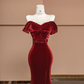 Red off-the-shoulder, fitted waist, bodycon, sexy long ball gown/bridal dress R8386