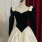 Black Square-Neck Long-Sleeve Waist-Cinched Slim-Fit White Puffball Skirt Ball Gown, Bridal Gown R7351