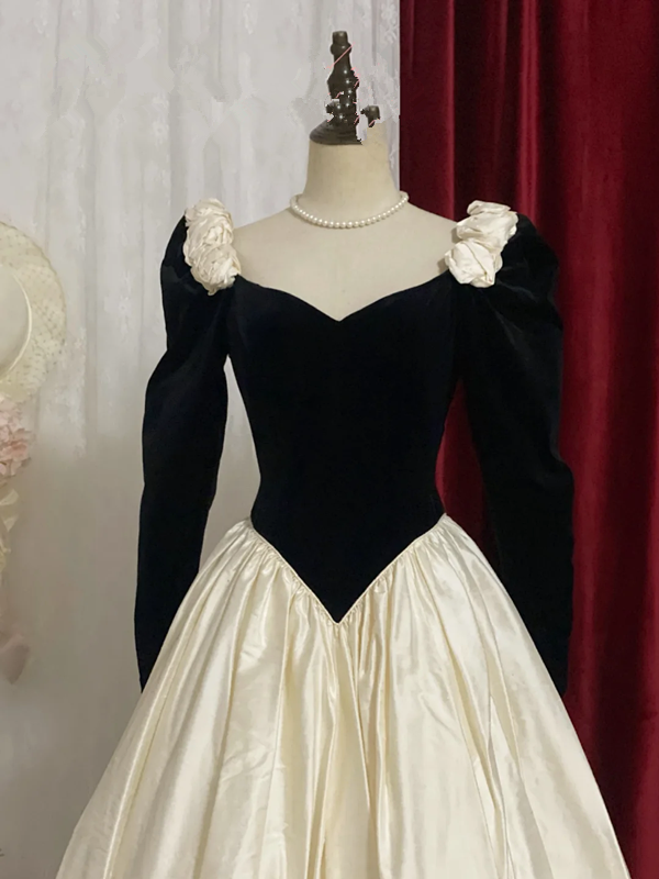 Black Square-Neck Long-Sleeve Waist-Cinched Slim-Fit White Puffball Skirt Ball Gown, Bridal Gown R7351