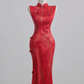 Red Chinese-style cheongsam, classic fitted waist, bodycon ball gown, bridal dress R8210