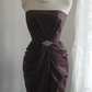 Dark red strapless, fitted waist, pleated short ball gown R6785