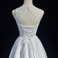 White sleeveless diamond neckline satin waist slim A-line big swing skirt homecoming dress R4933
