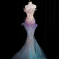 Light pink strapless fitted bodice with a light blue long skirt, a formal ball gown/bridal dress R8902