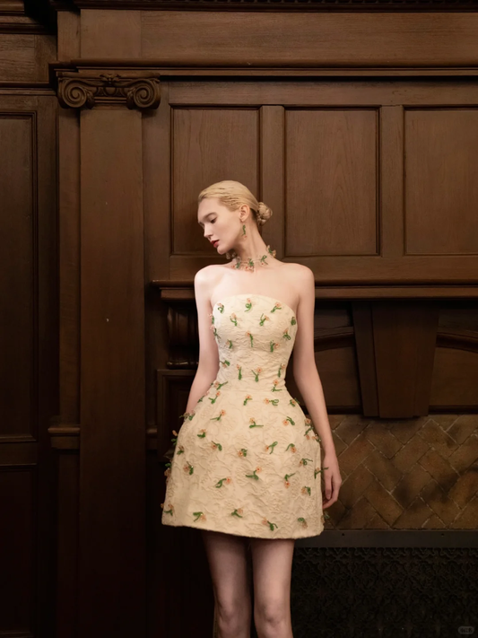 Apricot tube top fresh grass flower waist puffy princess skirt homecoming dress R4203