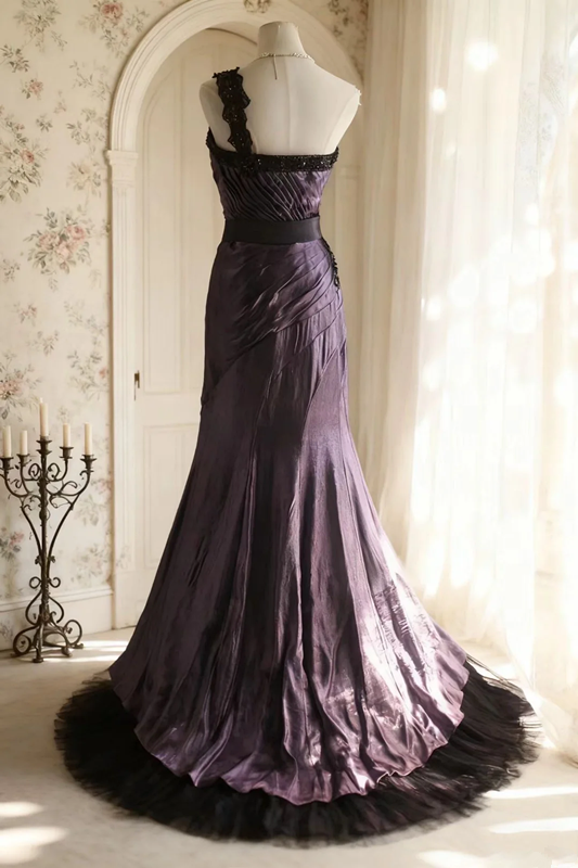 Dark purple one-shoulder halter-neck fitted long ball gown R6706