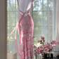 Pink lace halter-neck fitted bodycon long ball gown R6546