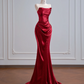 Deep red strapless, fitted waist, bodycon long sexy ball gown R8159
