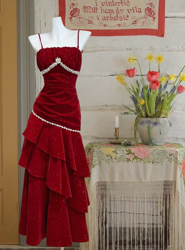 Red suspender waist slim pleated ruffle skirt long ball gown R6227