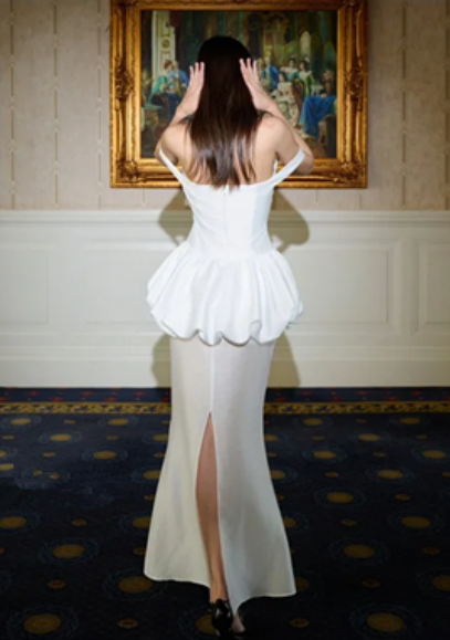 White suspender waist flower bud skirt hip-wrapped mid-length skirt homecoming dress R4486